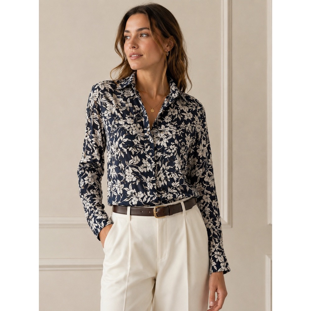 Lauren Ralph Lauren Navy Floral Cotton Corduroy Button Down Shirt Womens Large
